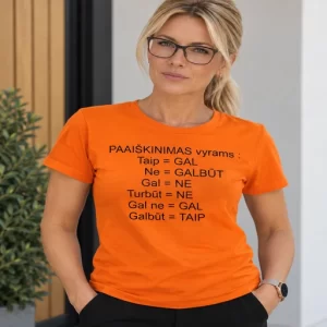 Oranžiniai moteriški marškinėliai su spauda „Paaiškinimas vyrams“ ir šmaikščiu atsakymų žodynėliu ant moters