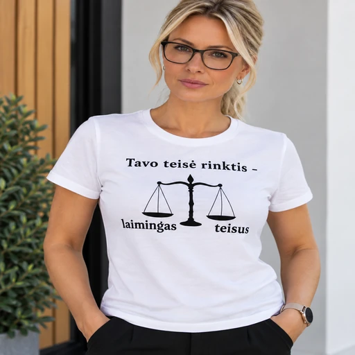 Balti moteriški marškinėliai su spauda „Tavo teisė rinktis – laimingas ar teisus“ ir svarstyklių simboliu ant moters