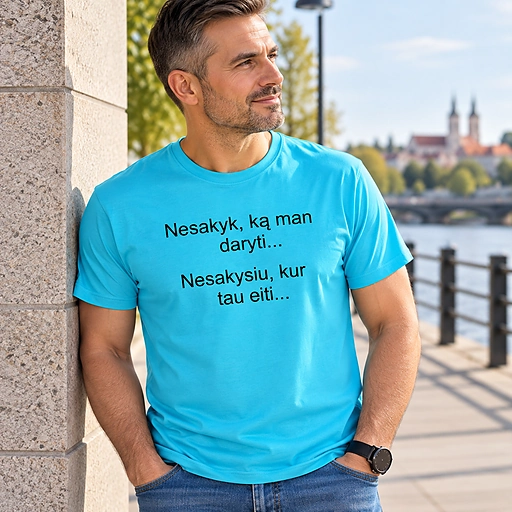Žydri vyriški marškinėliai su spauda „Nesakyk, ką man daryti... Nesakysiu, kur tau eiti...“ ant vyro