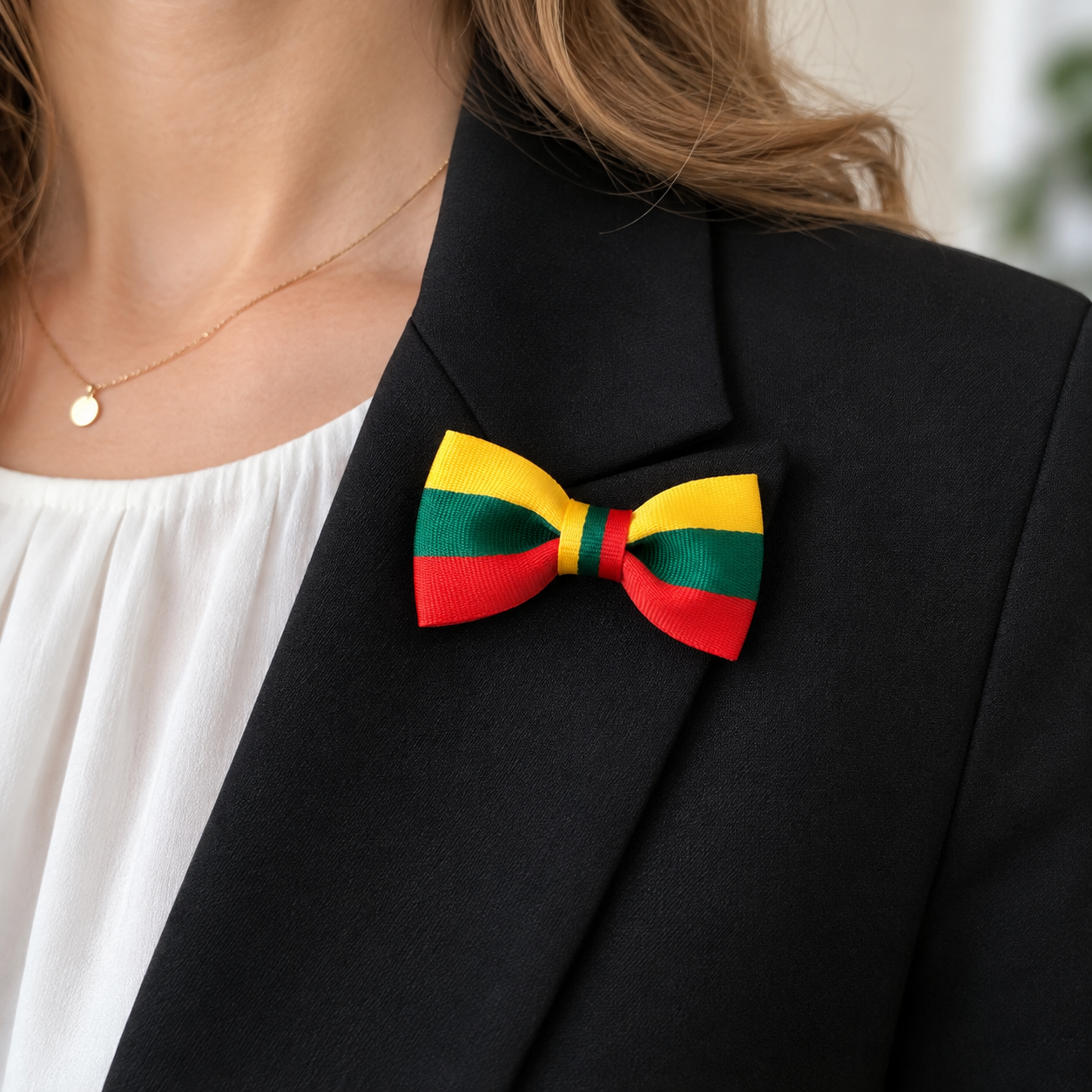 Trispalvis kaspinėlis prisegtas prie moters švarko