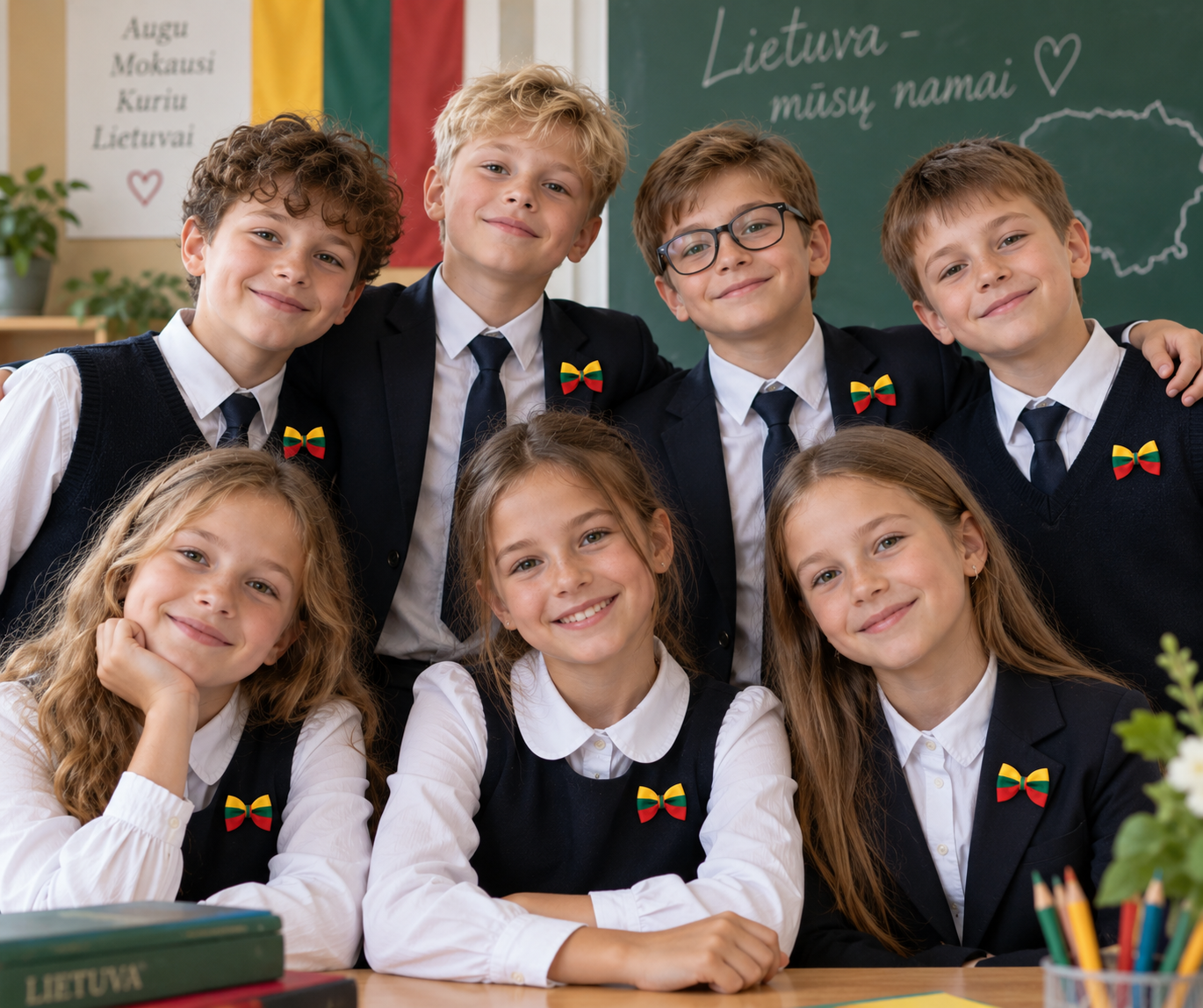 Vaikai pasipuošę įsegamais Lietuvos trispalvės kaspinėliais