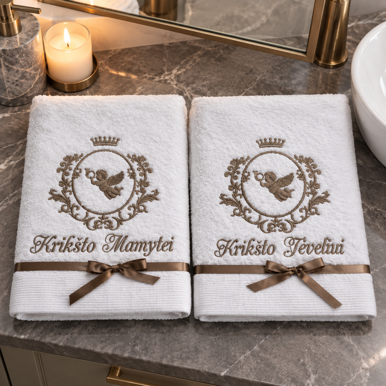 Siuvinėti rankšluosčiai krikšto tėvams su angelo motyvu ir užrašais „Krikšto Mamytei“ bei „Krikšto Tėveliui“