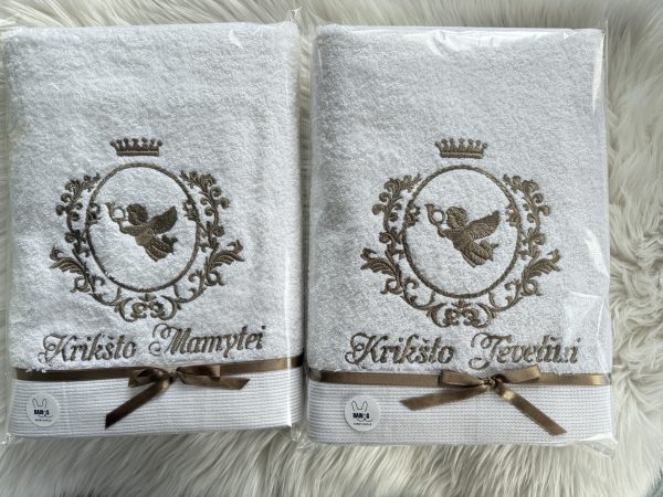 Siuvinėti rankšluosčiai krikšto tėvams su angelais, puikiai tinkantys krikštynų dovanoms