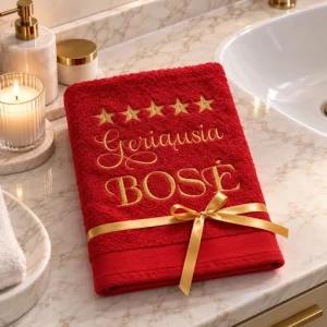 Raudonas siuvinėtas rankšluostis „Geriausiai BOSEI“ su aukso spalvos užrašu ir penkiomis žvaigždutėmis
