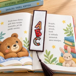 Siuvinėtas knygų skirtukas su ABC raidėmis ir rudu kutu