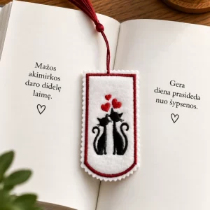 Siuvinėtas veltinio knygų skirtukas su katinais ir bordo kutu