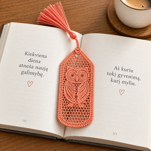 Persikinis ažūrinis knygų skirtukas su pelėdos motyvu ir kutu