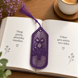Violetinis ažūrinis knygų skirtukas su ornamentais ir kutu