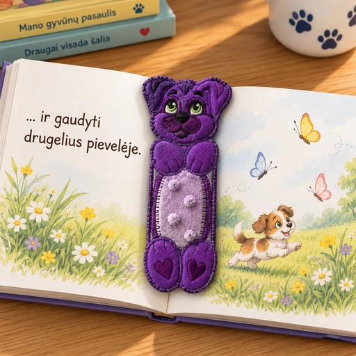 Siuvinėtas violetinis knygų skirtukas su šuniuku