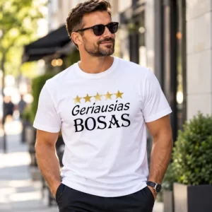 Balti vyriški marškinėliai su spauda „Geriausias BOSAS“ ir penkiomis auksinėmis žvaigždėmis ant vyro