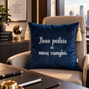 Tamsiai mėlyna dekoratyvinė pagalvėlė su siuvinėtu užrašu „Boso poilsis = mūsų ramybė“ ir šviesiais kutais