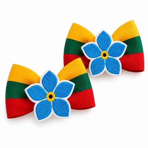 Plaukų gumytės su Lietuvos trispalvės kaspinais ir siuvinėtomis neužmirštuolėmis