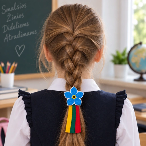 Plaukų gumytė su neužmirštuole ir trispalve juostele mergaitės kasoje
